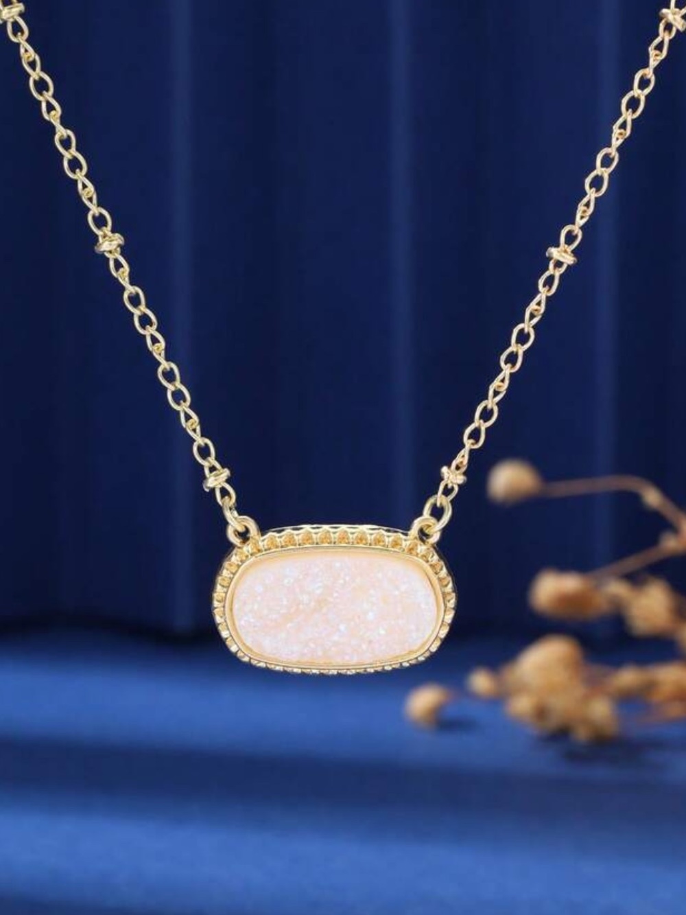 Gold Necklace with White Druzy Pendant - Women Jewelry